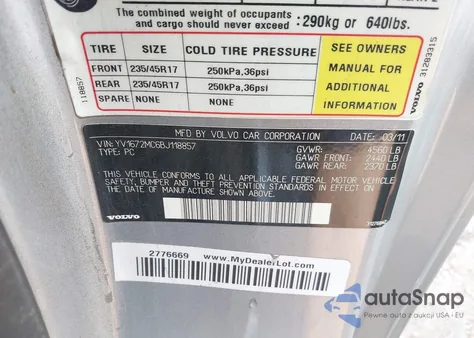 2011 Volvo C70 T5 z USA, uszkodzony, nr VIN YV1672MC6BJ118857